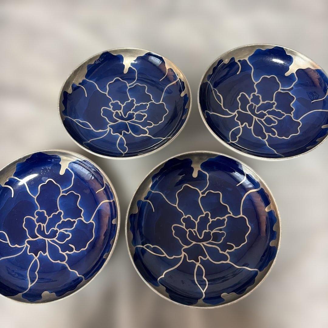 【有田焼】瑠璃色銀彩の銘々皿　大輪花　4枚
