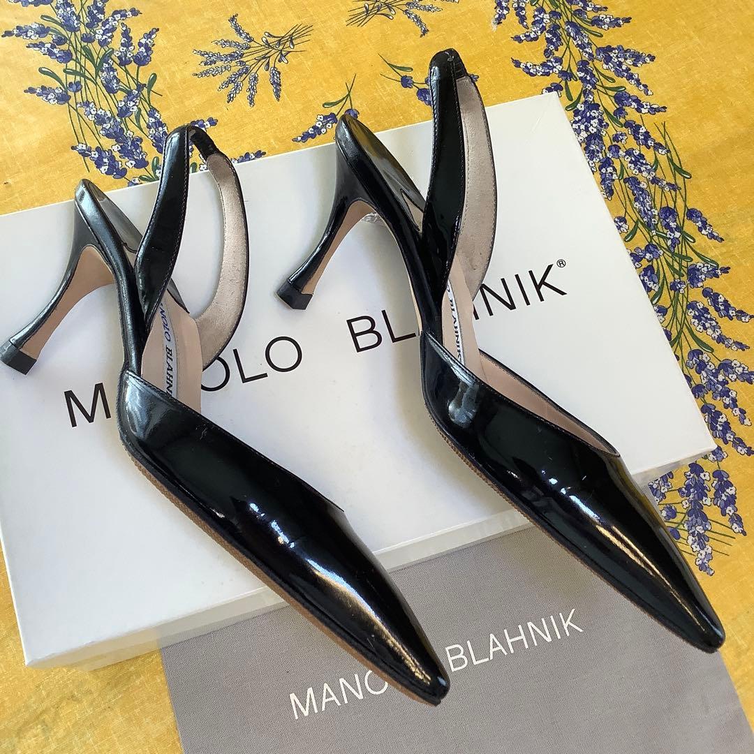 極美品! マノロブラニク 定番キャロリン スリングバック 極上パテント 21cm