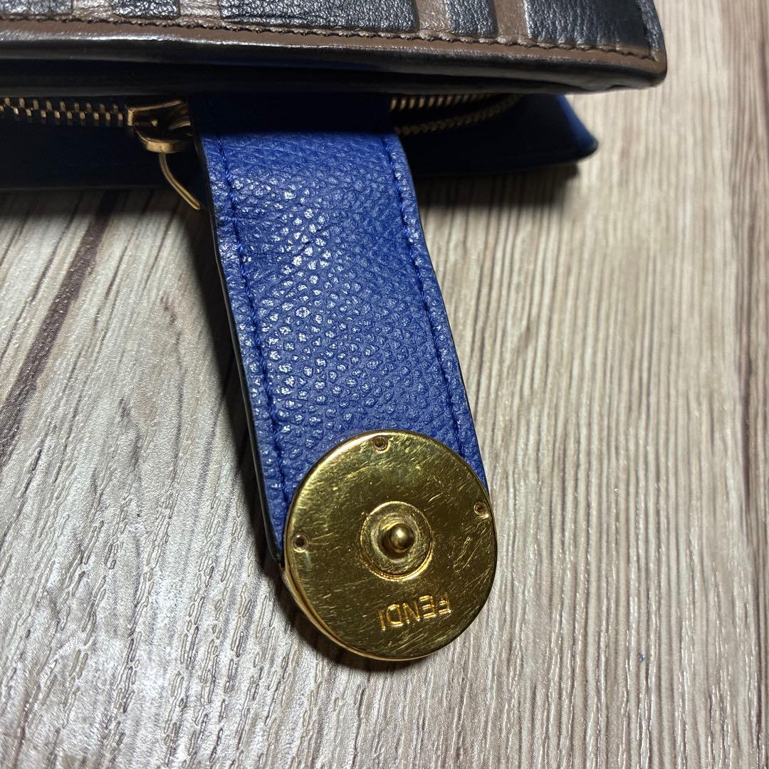 Fendi フェンディ　二つ折り財布 FFロゴ　ブラウン×ブルー　ゴールド金具