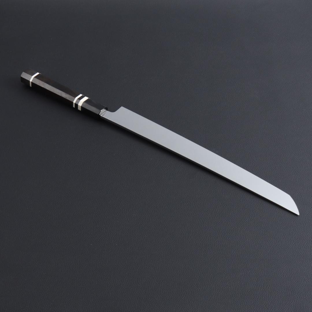 8705先丸包丁 9寸 鏡面仕上げ 刃は究極の切れ味 黒檀黒水牛角白三本巻八角柄