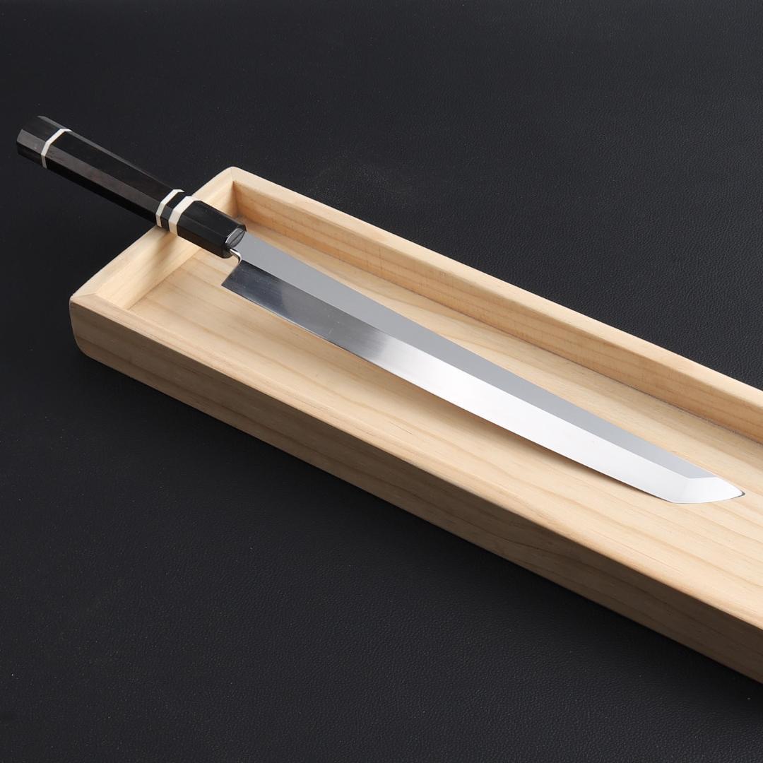 8705先丸包丁 9寸 鏡面仕上げ 刃は究極の切れ味 黒檀黒水牛角白三本巻八角柄