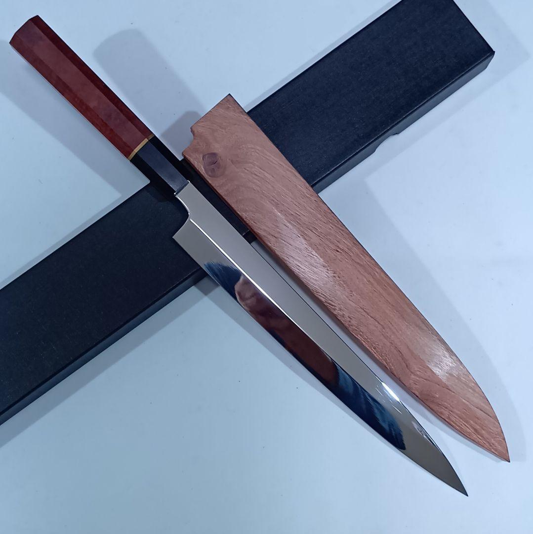 ステン本焼 Ｖ金10号鋼 柳刃 27cm ９寸 包丁 右片刃 鏡面 八角柄 鞘付