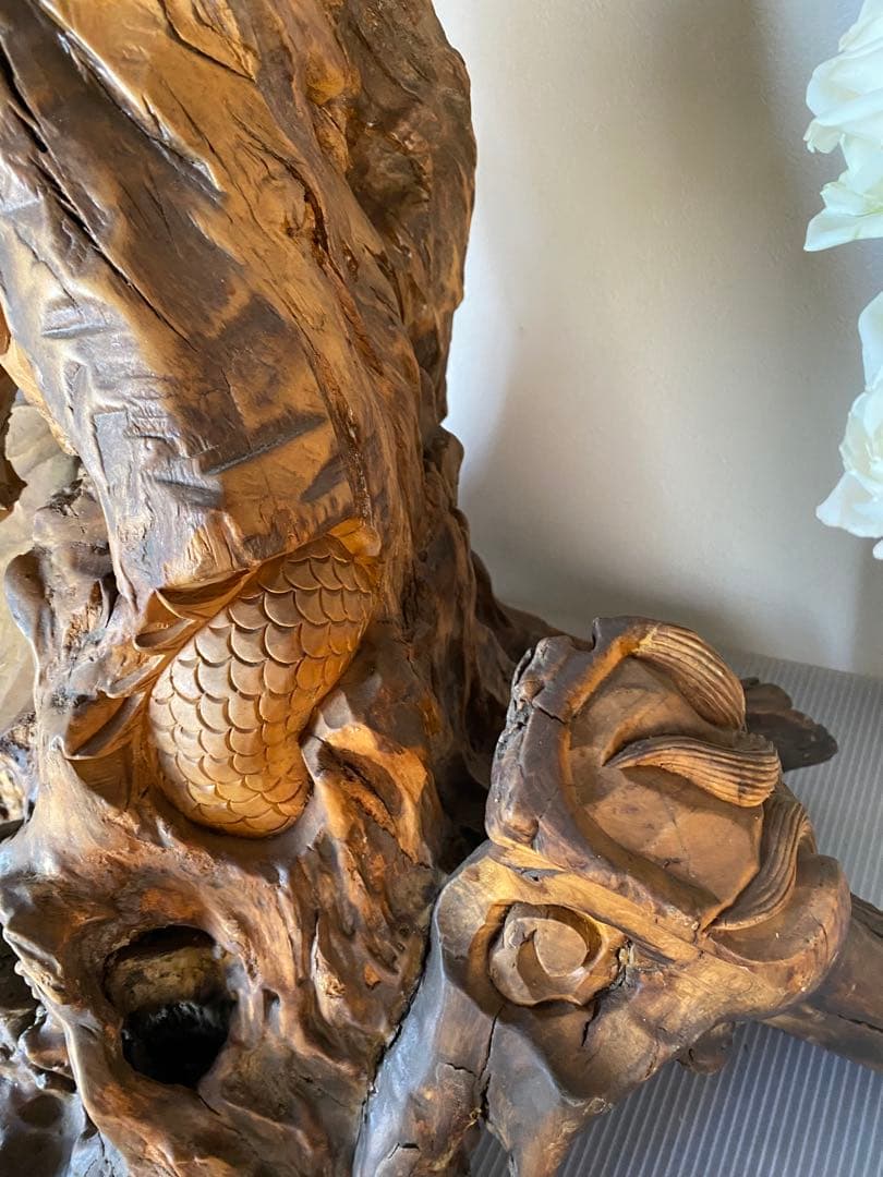 木製　龍　置物　木彫り　彫刻　ドラゴン　一刀彫　オブジェ