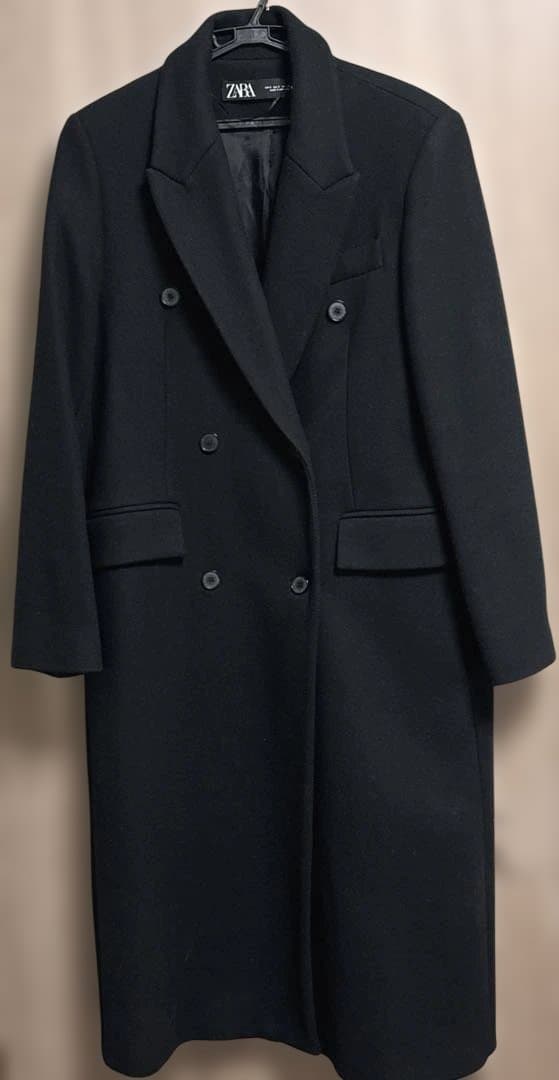 ZARA ウール混　ダブル　ロングコート　ブラック