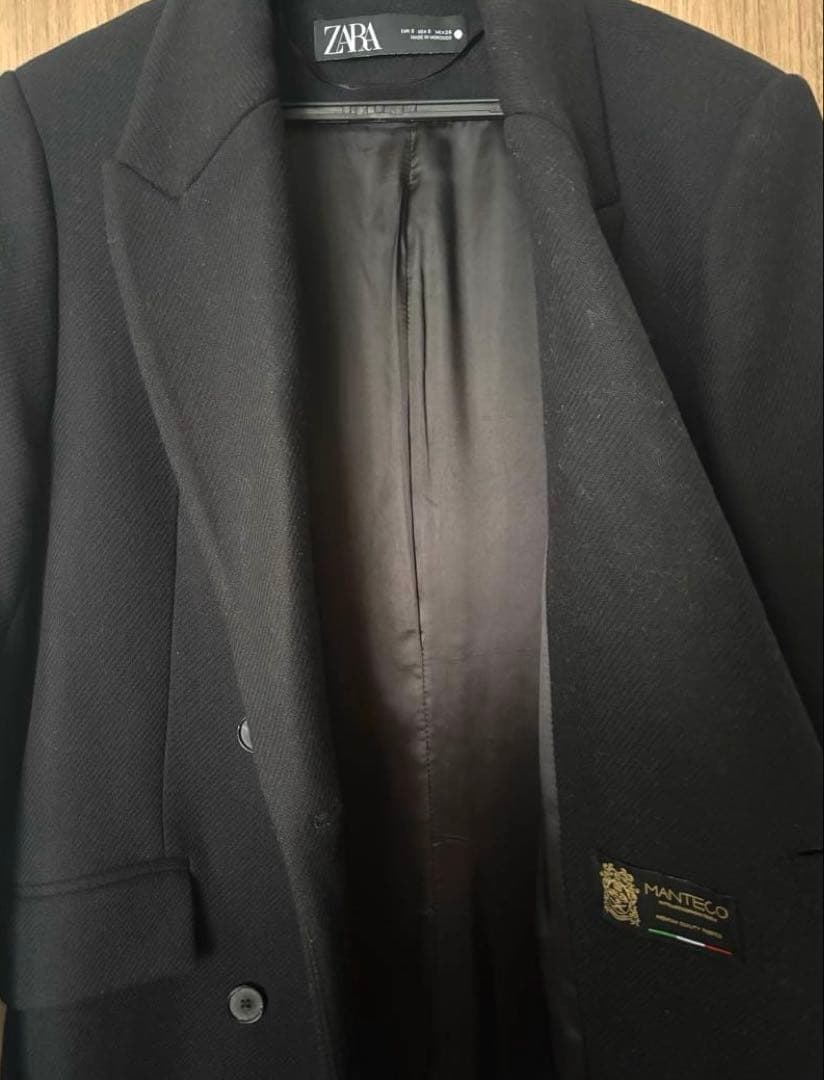 ZARA ウール混　ダブル　ロングコート　ブラック