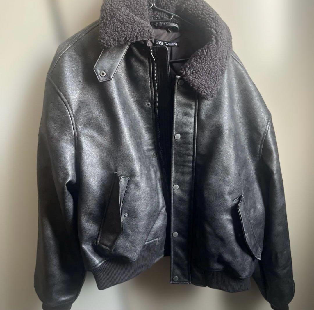 ZARA ボア襟 ブラックレザージャケット