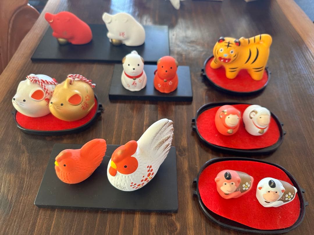 干支　紅白　置物　陶器　薬師窯　7セット