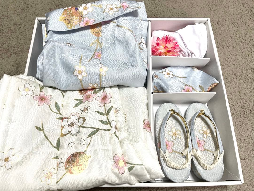 七五三　着物セット　花柄　淡青　女の子　3歳　水色　ブルー　キッズ　かかと止め付