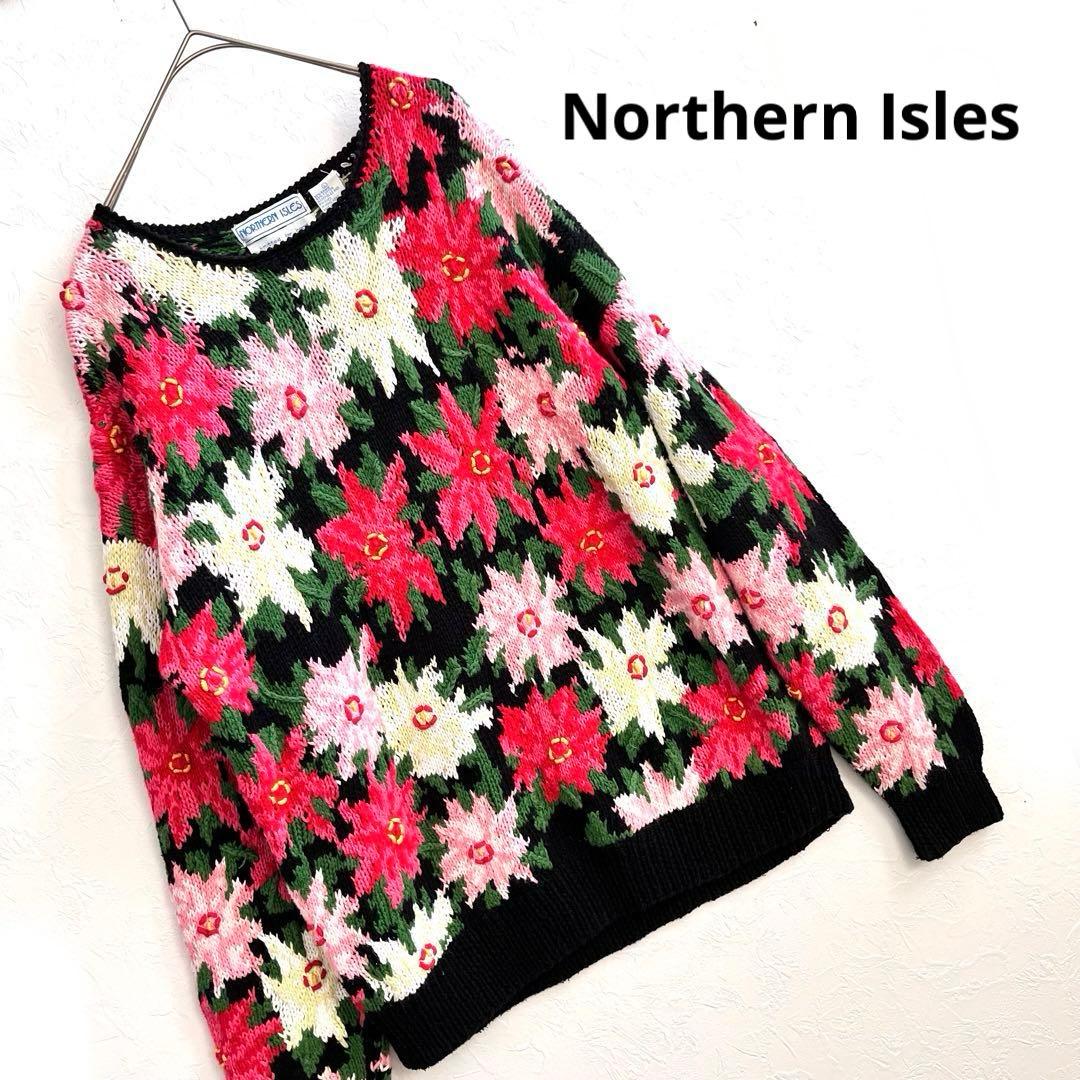 【美品】Northern Isles 手編み 花柄 ハンドニットセーター L