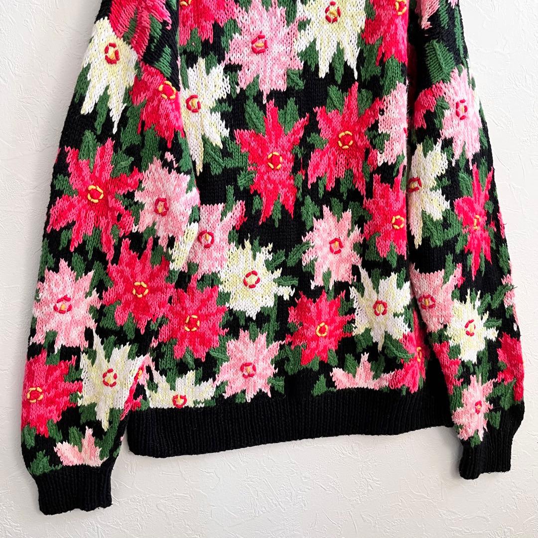 【美品】Northern Isles 手編み 花柄 ハンドニットセーター L