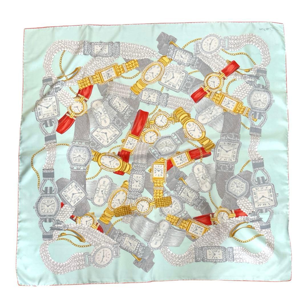 美品【カルティエ】 スカーフ　パステルブルー　時計柄　シルク100%