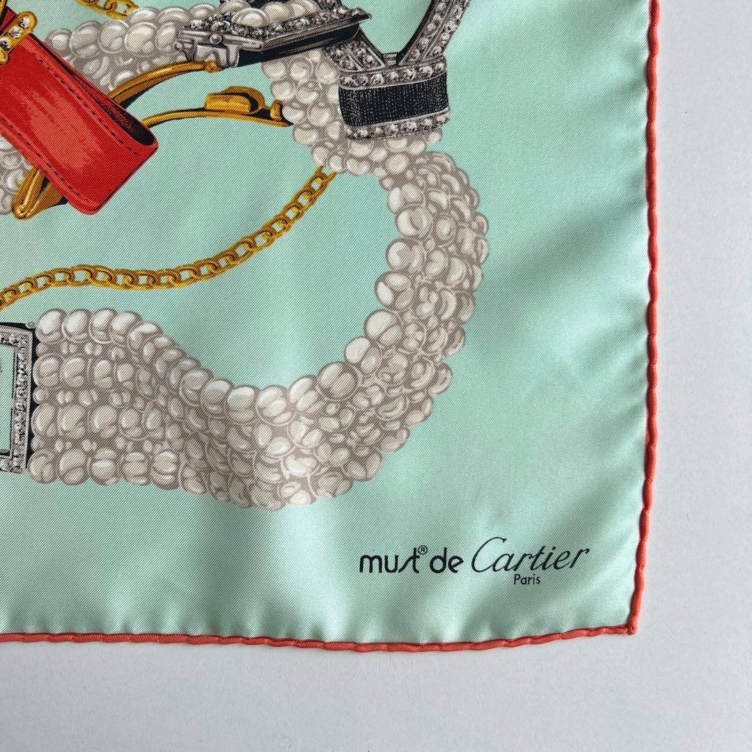 美品【カルティエ】 スカーフ　パステルブルー　時計柄　シルク100%