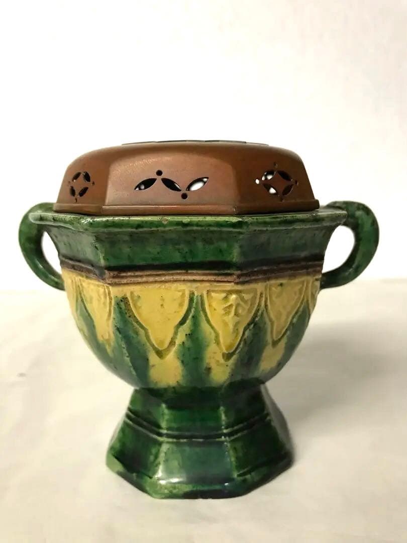 銅蓋付交趾焼香炉