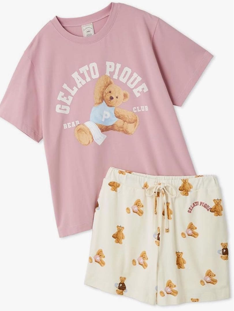 ジェラートピケ♡スポーティーベアワンポイントTシャツ＆総柄ショートパンツセット
