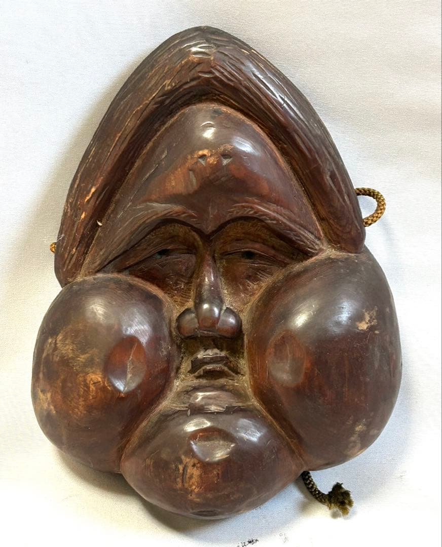古い木彫　おかめ　在銘