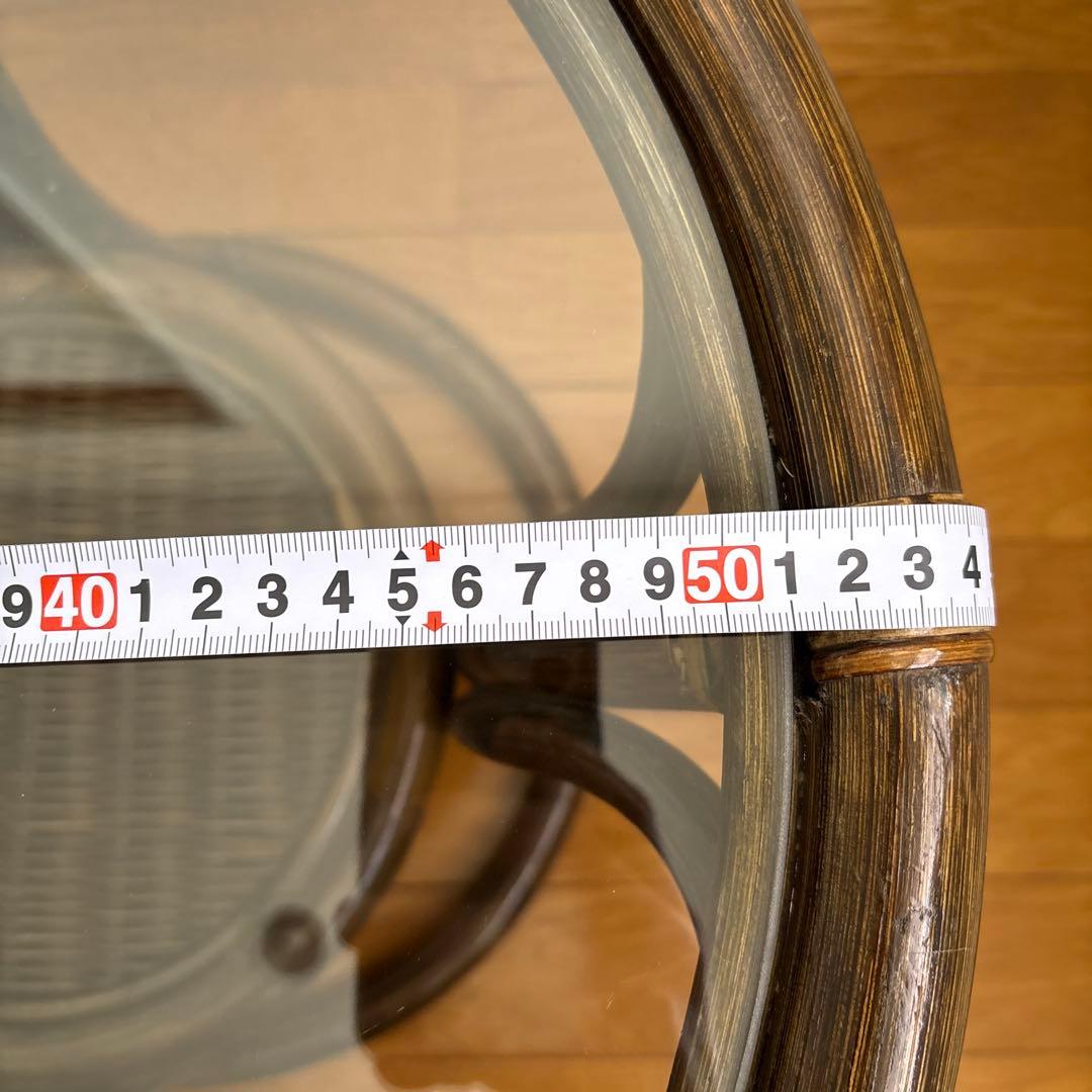 ラタン ガラステーブル 円形 籐 サイドテーブル 下段棚付き