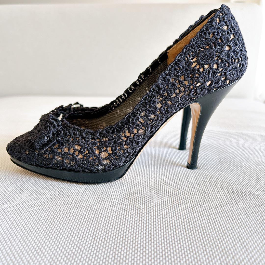 FERRAGAMO ブラック レース ヴァラ リボン　ハイヒール　7