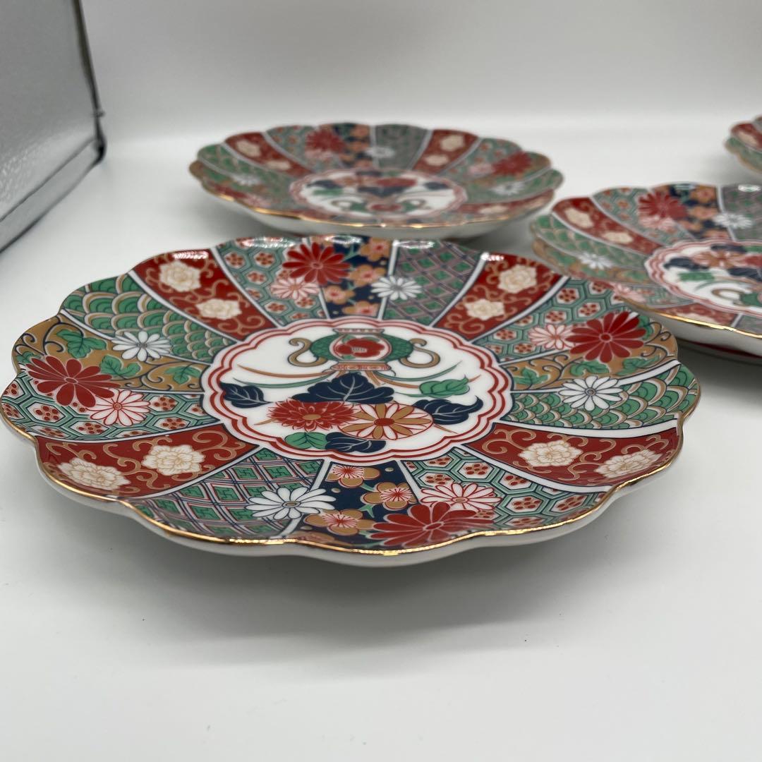 未使用 有田焼 陶扇菊割皿5枚セット 陶扇 田扇 菊割皿 錦絵 金彩 古伊万里