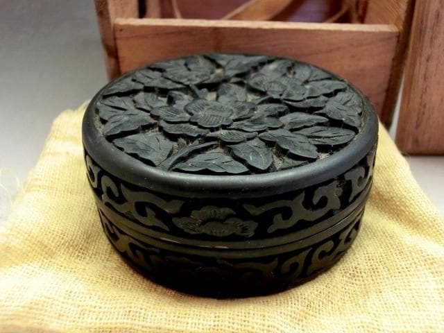 香合■鳥井 木彫り 牡丹 唐草 古い丸香合 お茶道具 古美術 時代物 骨董品■