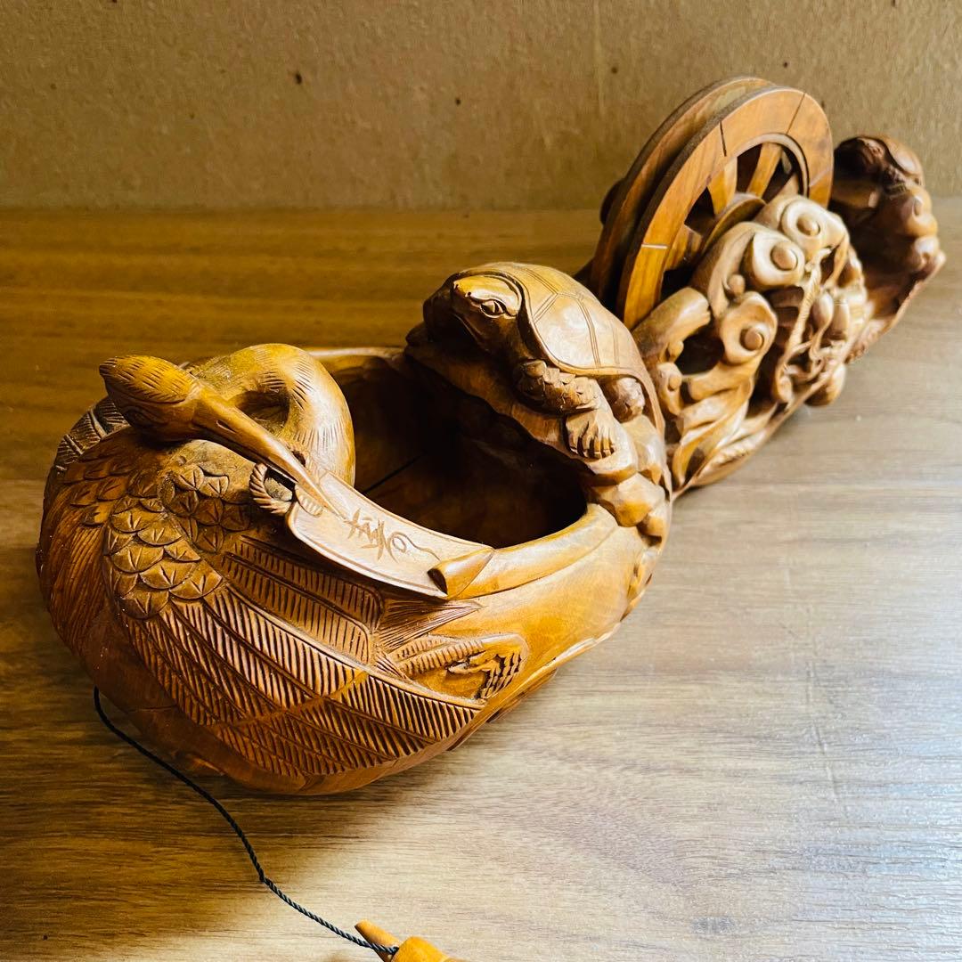 墨壺 墨つぼ 270mm 鶴 亀 龍 魚 寿 木彫 彫刻 大工道具 置物