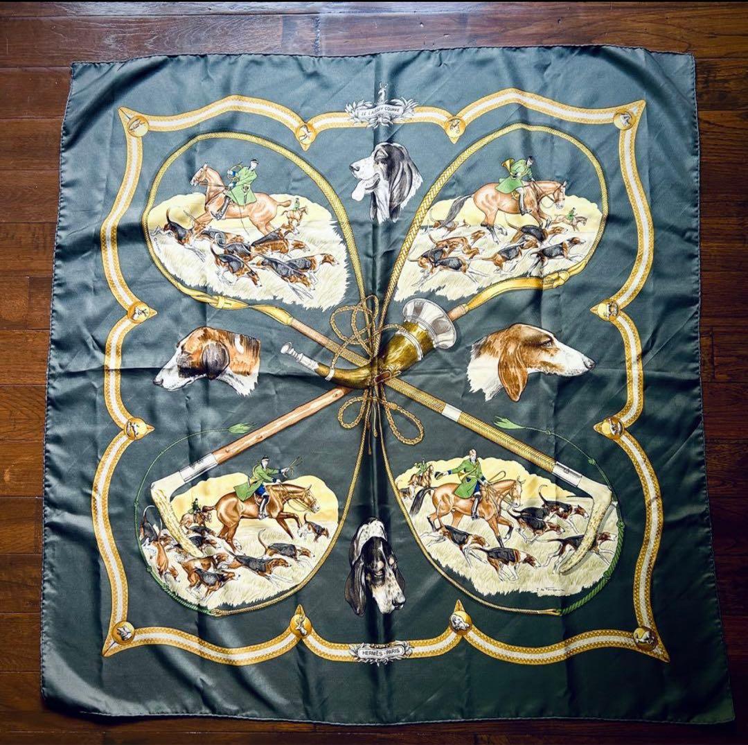【HERMÈS カレ90 】エルメス スカーフ 犬 狩猟柄 グレー