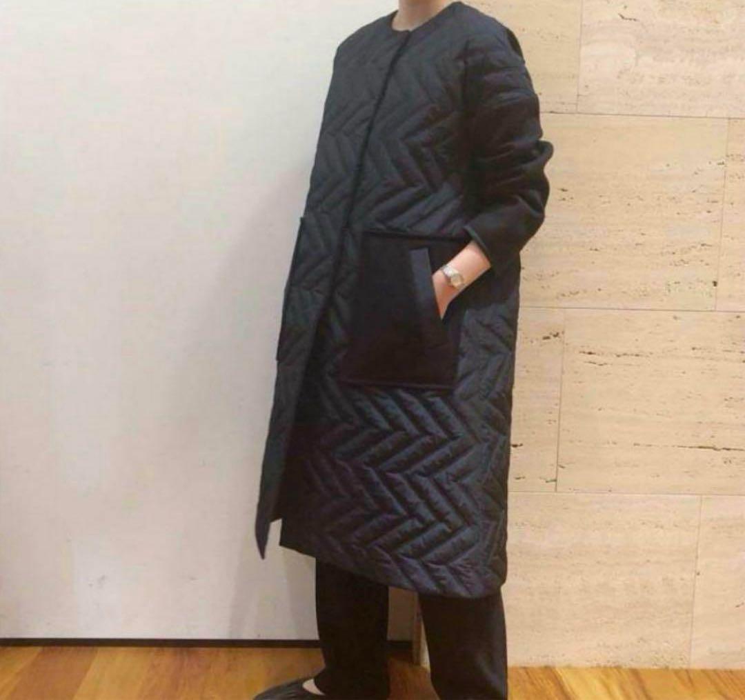 ENFOLD PEタフタ ノーカラーコート キルティング ネイビー✖️グリーン