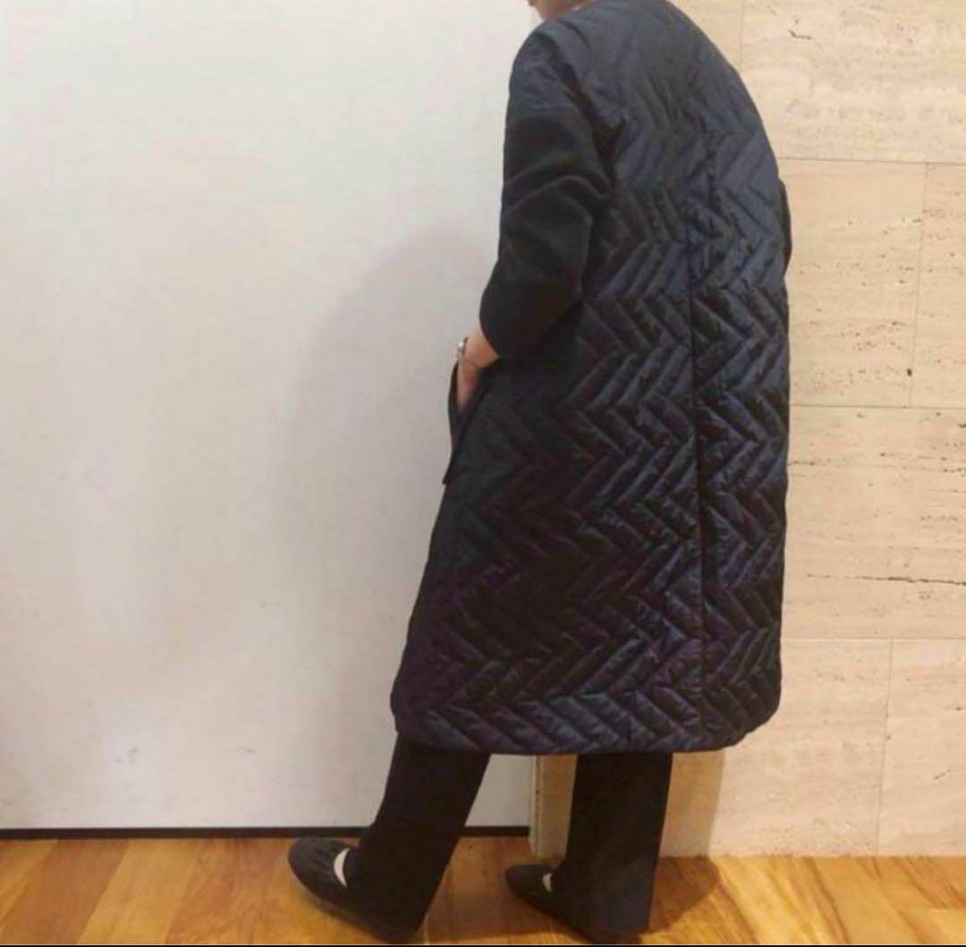 ENFOLD PEタフタ ノーカラーコート キルティング ネイビー✖️グリーン