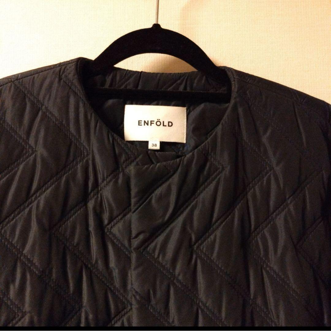 ENFOLD PEタフタ ノーカラーコート キルティング ネイビー✖️グリーン