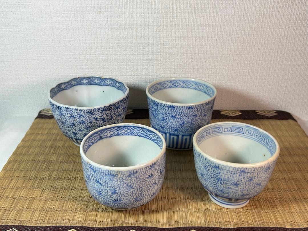 古伊万里染付　微塵唐草　花唐草 蕎麦猪口　向付け　まとめて4点