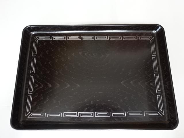 木製　長手盆　雷門沈金彫り　黒うるし塗り　39x27.5xH2.5cm