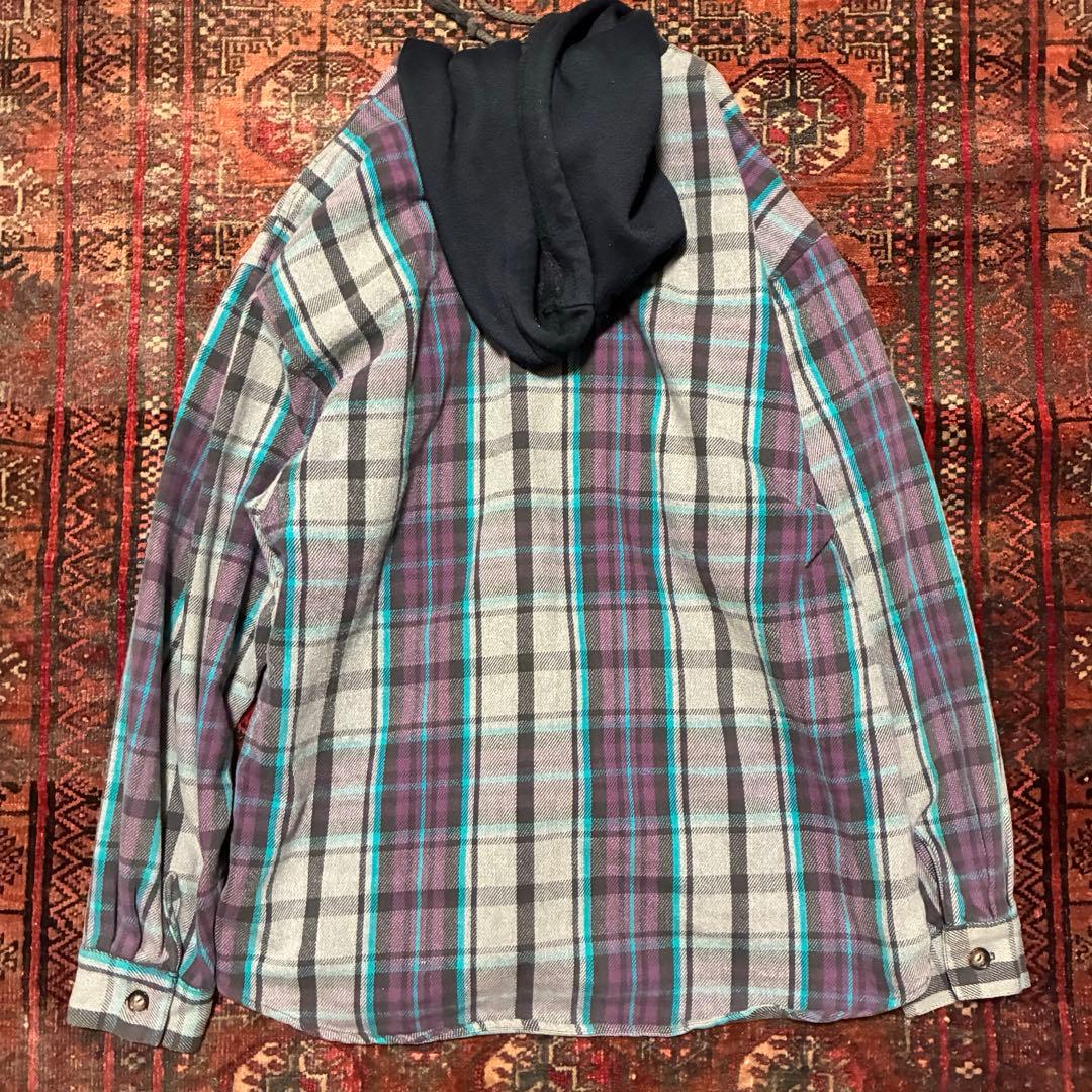 90S USA製 Vintage フランネルシャツ フード付 レイヤード