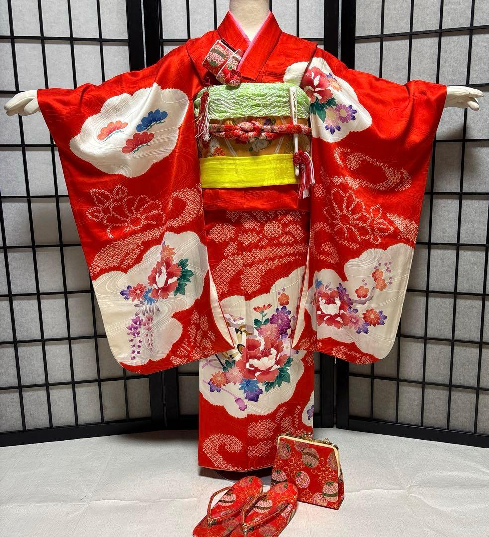 七五三　着物セット　7歳　友禅　部分絞り　赤色