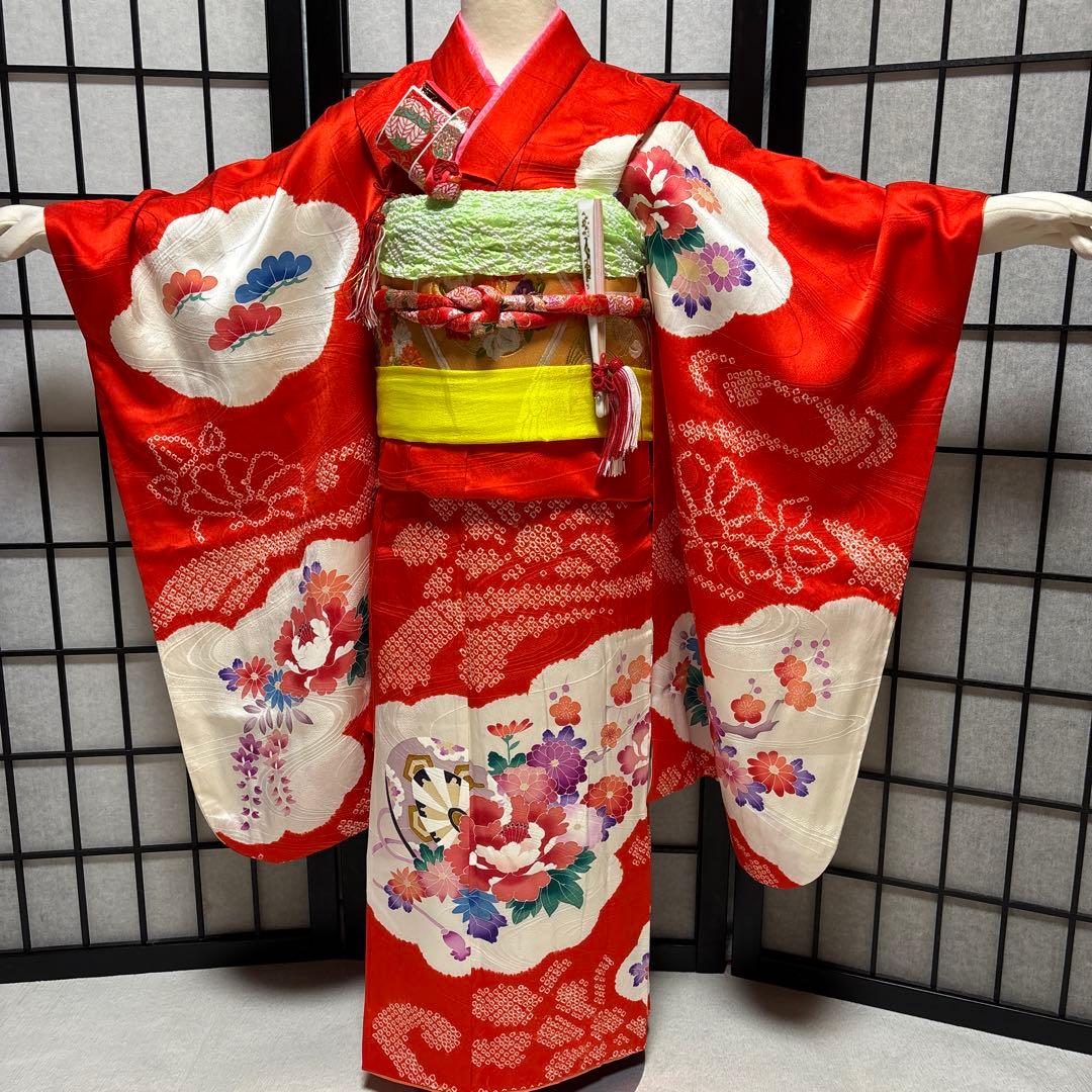 七五三　着物セット　7歳　友禅　部分絞り　赤色