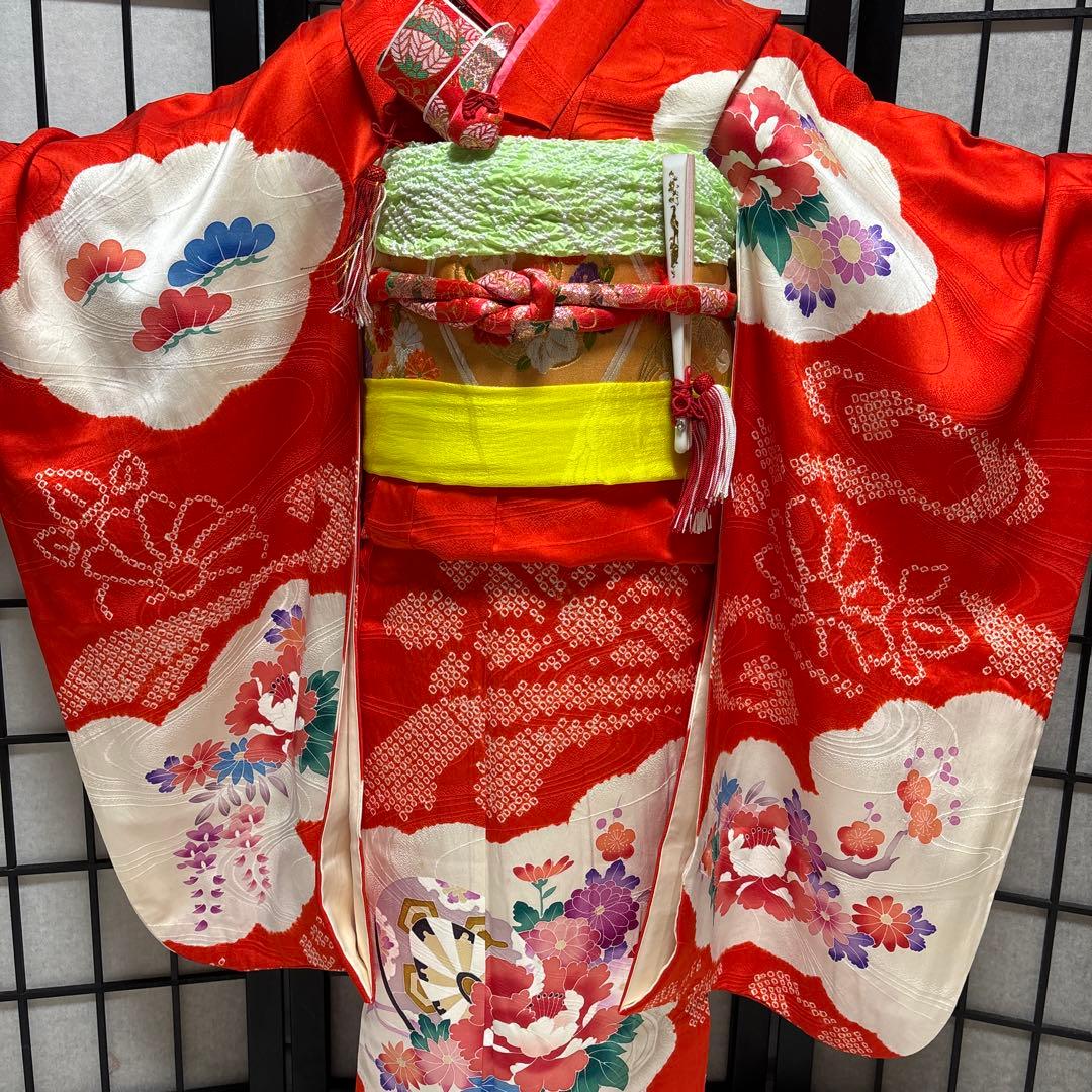 七五三　着物セット　7歳　友禅　部分絞り　赤色