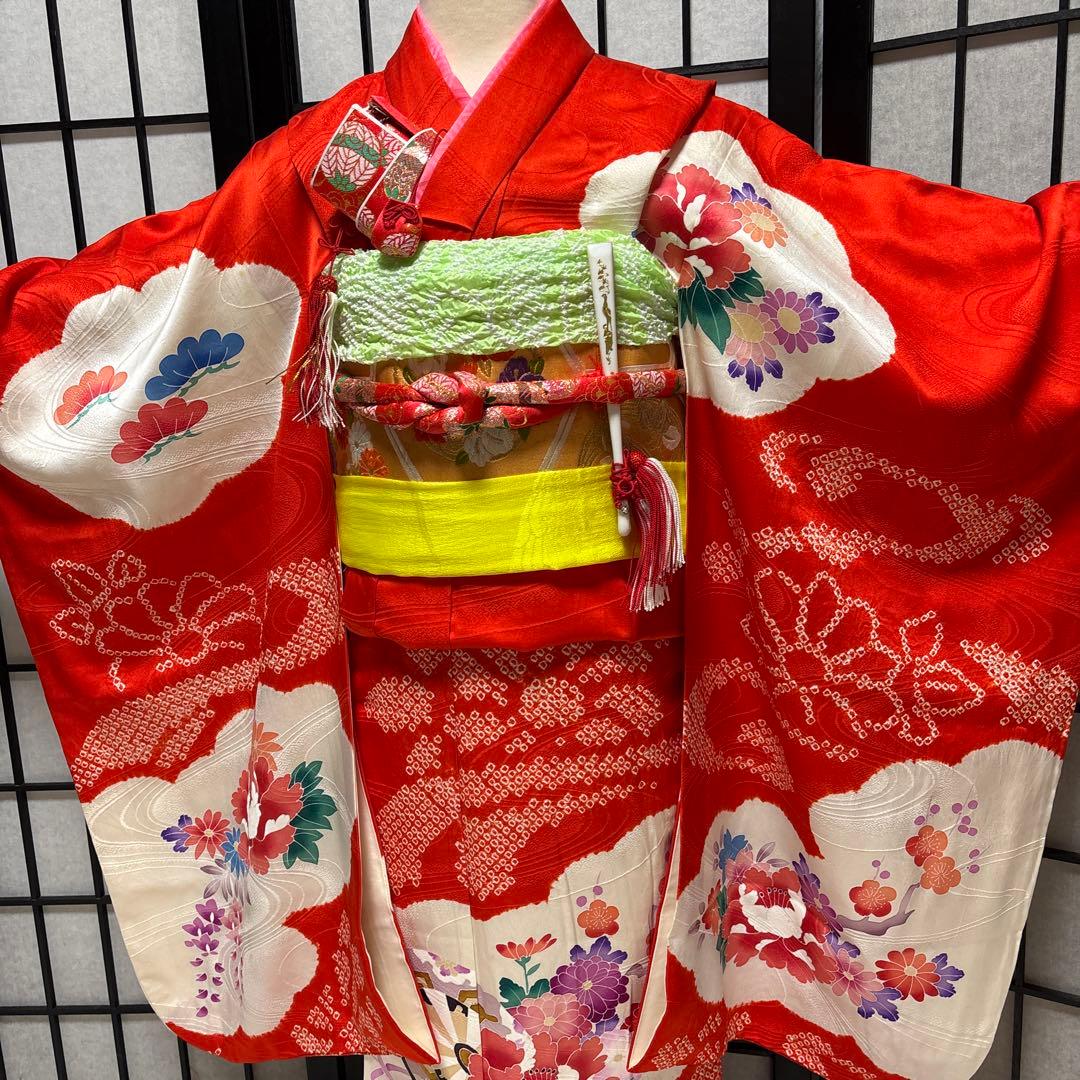 七五三　着物セット　7歳　友禅　部分絞り　赤色