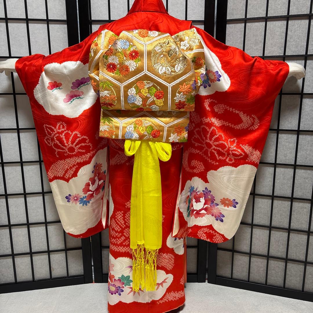 七五三　着物セット　7歳　友禅　部分絞り　赤色