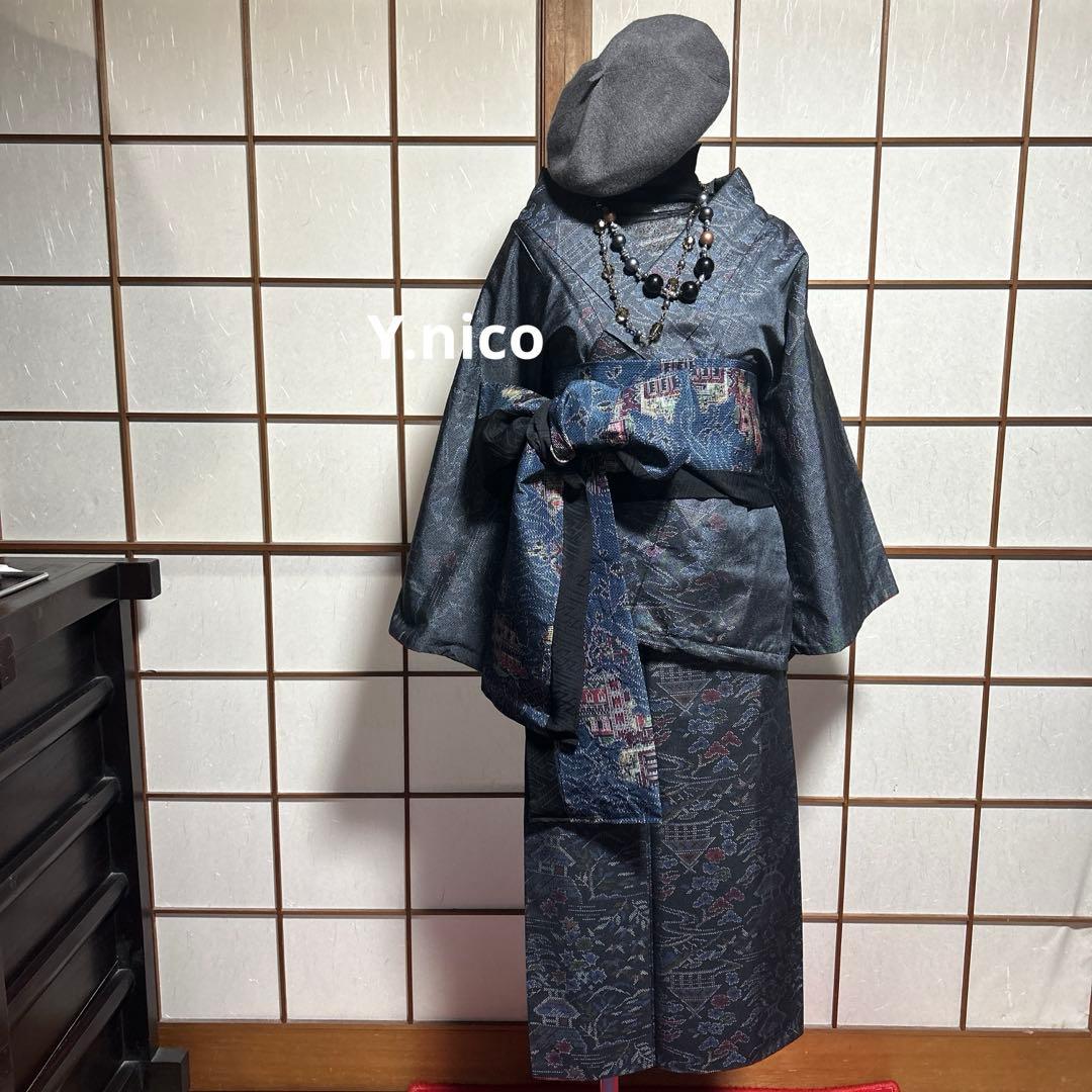 LL 着物リメイク 正絹 紬 簡単二部式巻スカセットアップ