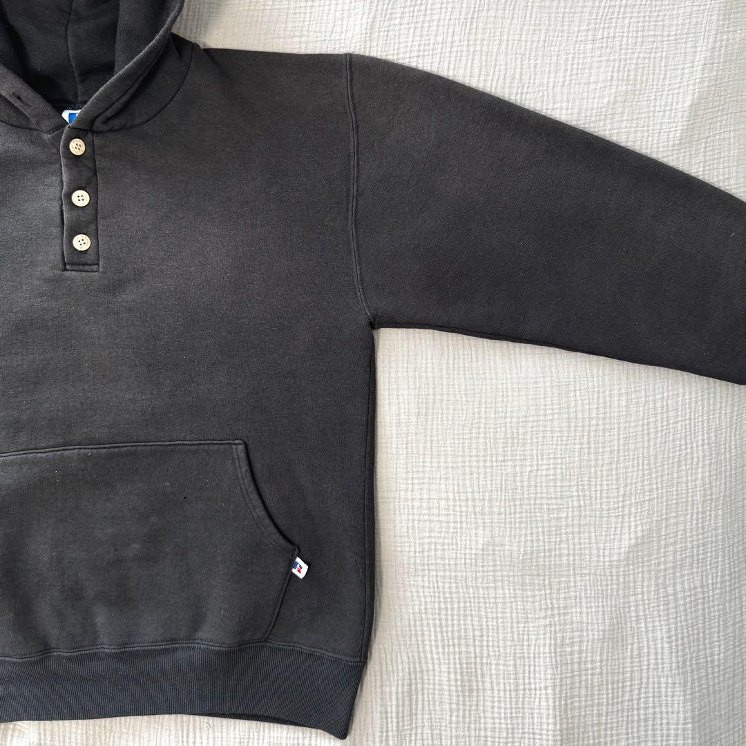 90s ラッセル パーカー ハーフボタン フェードブラック 無地 USA製