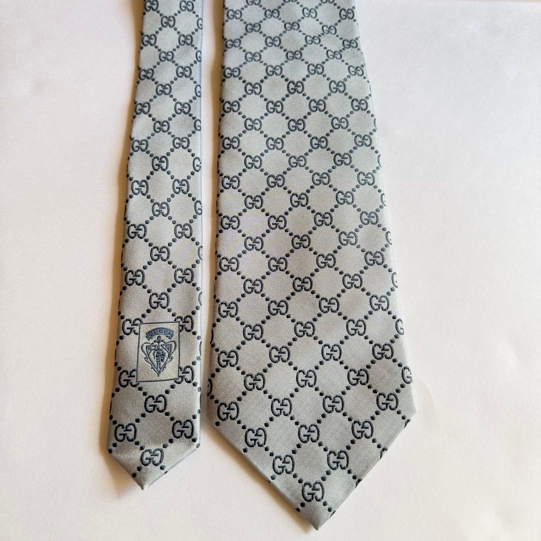GUCCI グッチ ネクタイ GG総柄 シルバーグレー 高級シルク 美品