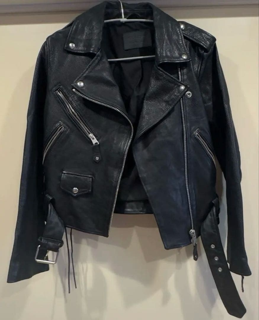 美品『オールセインツ』ダブルライダースジャケット/羊革/ベルト/UK8/黒