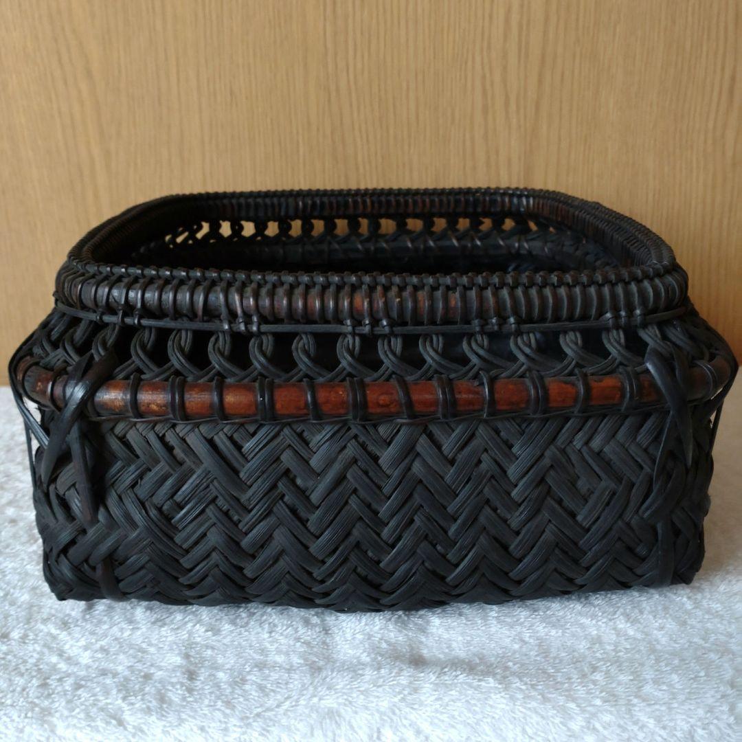 炭斗　唐物写籐組四方　竹朋斎　炉用　共箱　無傷