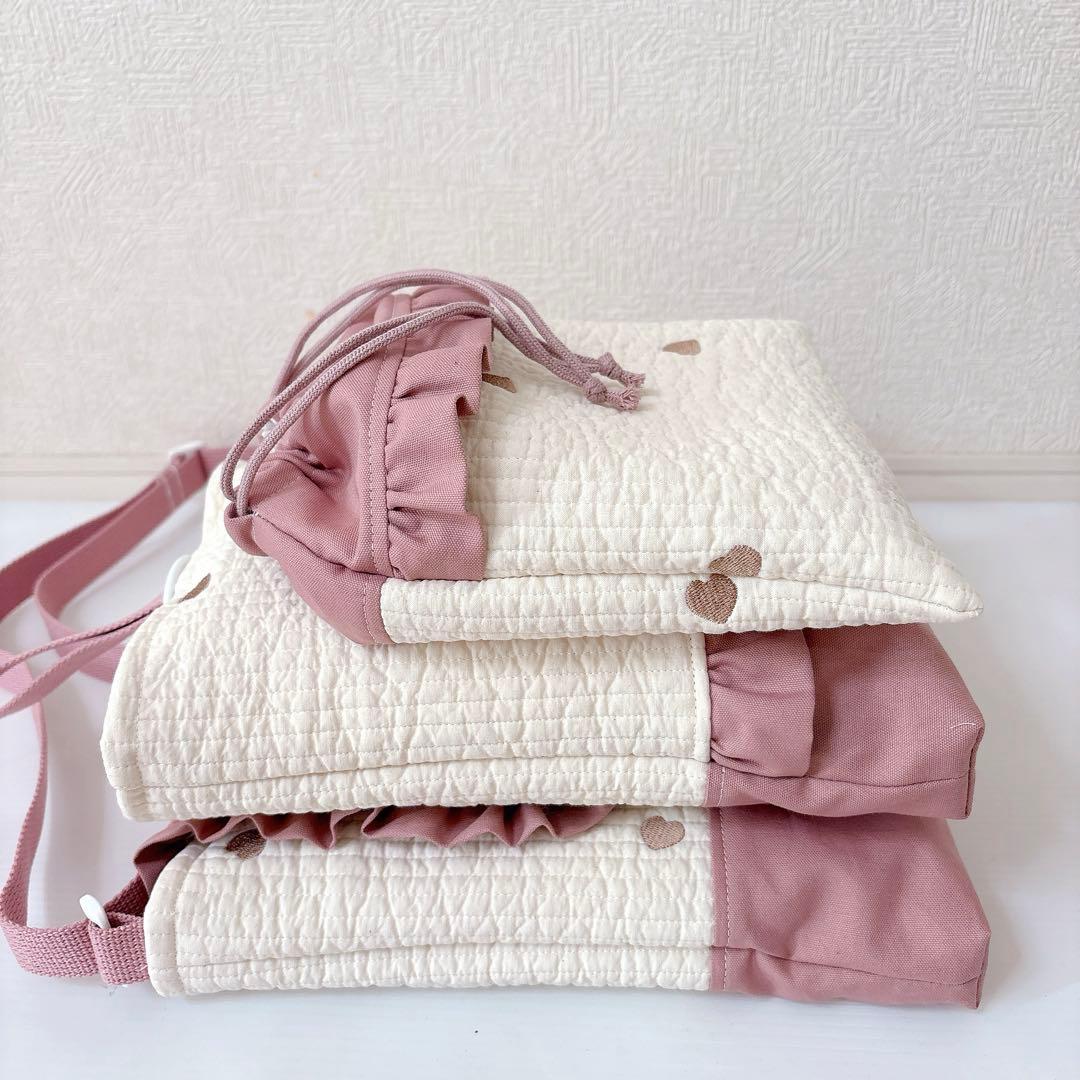 図書バッグ　上履き入れ　体操服袋　ヌビ　ハート刺繍