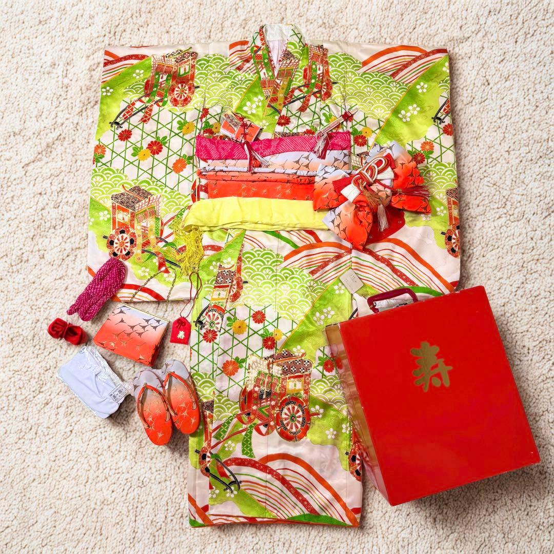 七五三　7歳　女の子　フルセット　正絹　澤村屋　緑　着物　箱せこ