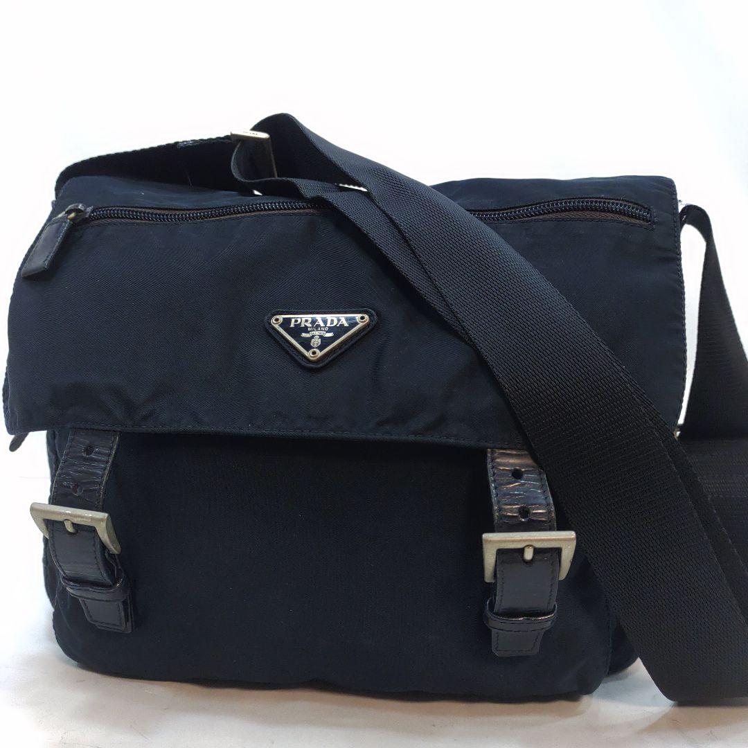 プラダ メッセンジャーバッグ レザー×ナイロン 三角ロゴ ベルト ネイビー
