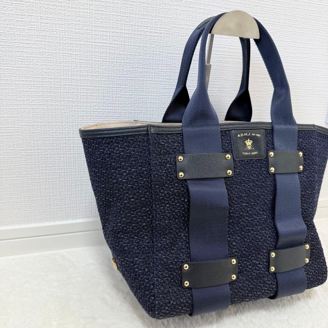 A.D.M.J トートバッグ A4 王冠 編み込み ネイビー 未使用級