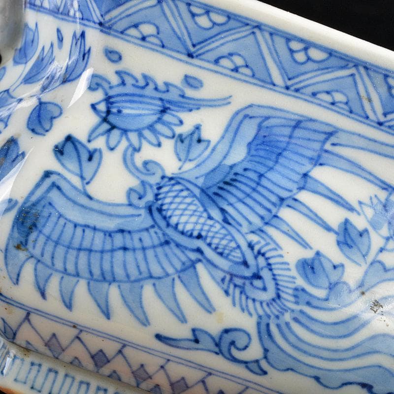 瀬戸焼　古瀬戸　染付　鳳凰花文　双耳六角香炉　M　R7342