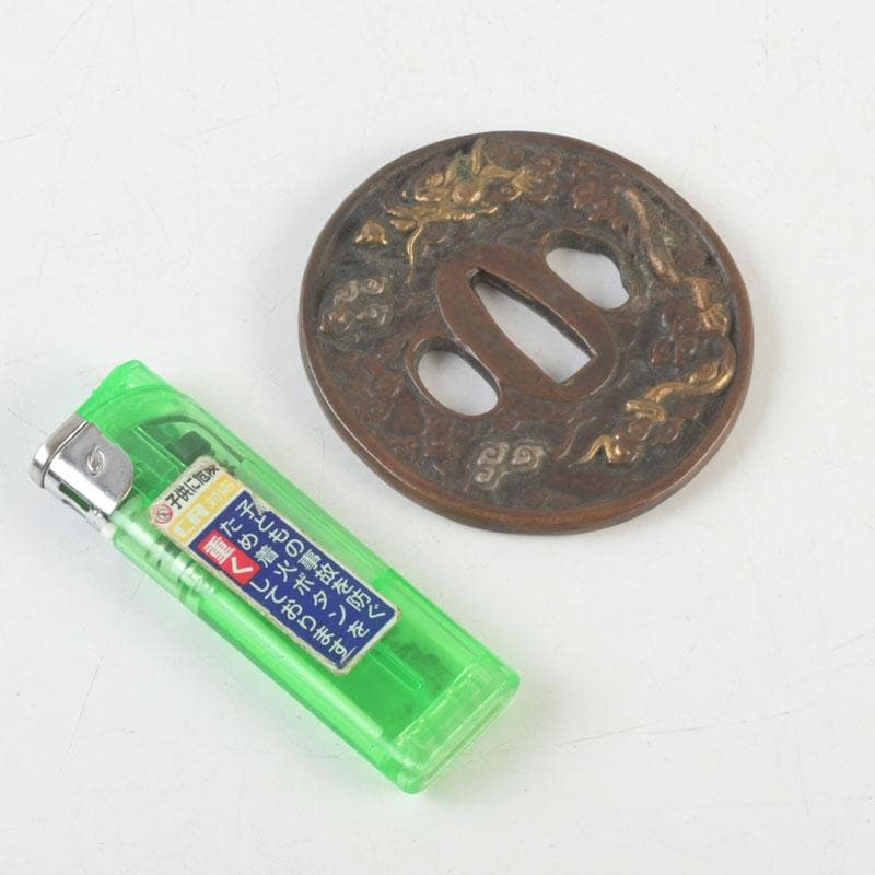 武具　刀装具　古銅　雲龍紋鍔　時代箱　C　9456