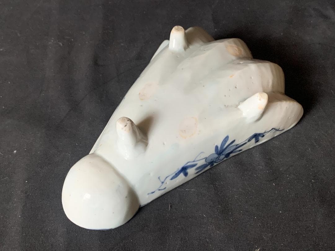 明代 古染付 青花 山水図 半開扇皿 扇鉢 中国古玩 唐物 878