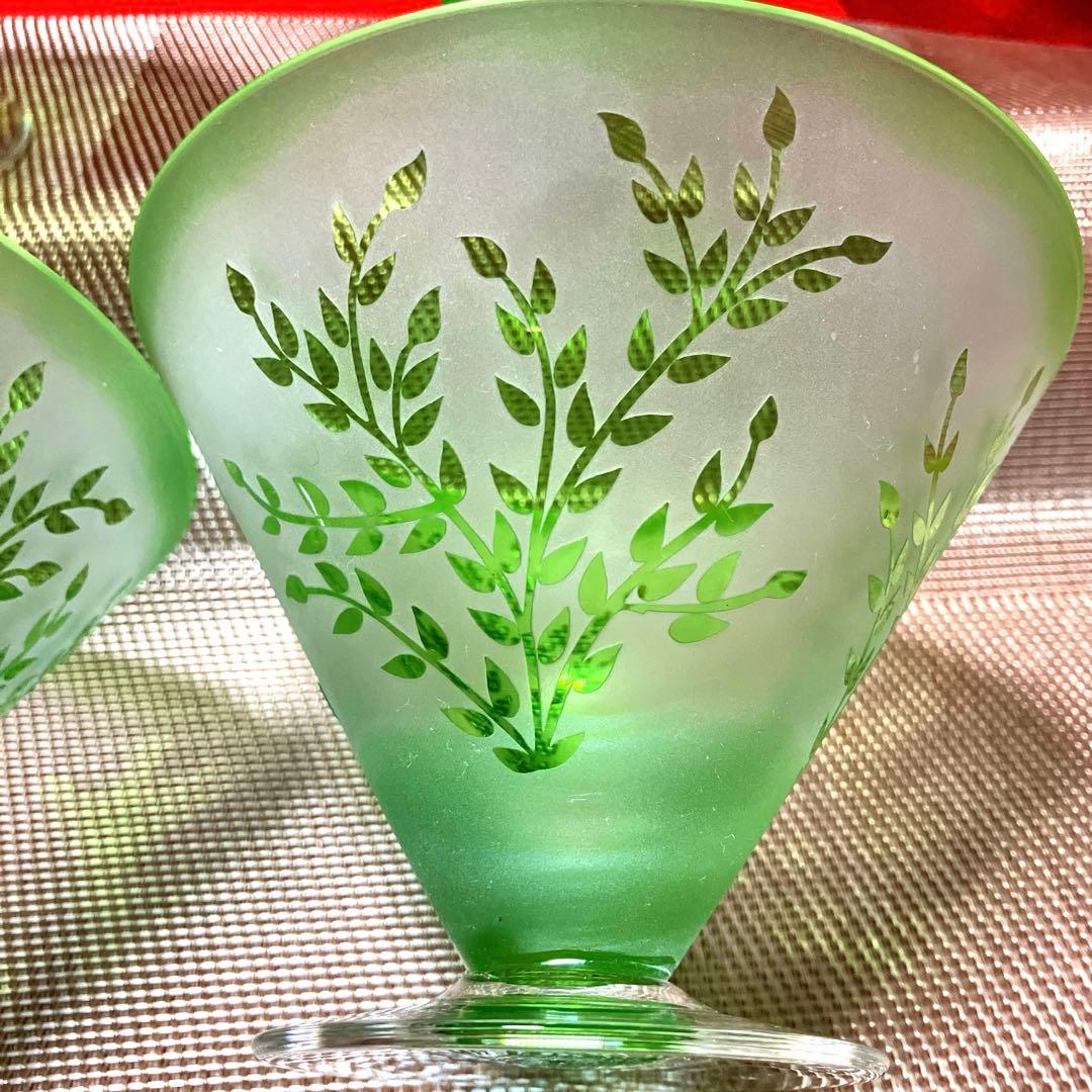 彫刻切子　エメラルドグリーン　サンドブラストデザートカップ　4客セット