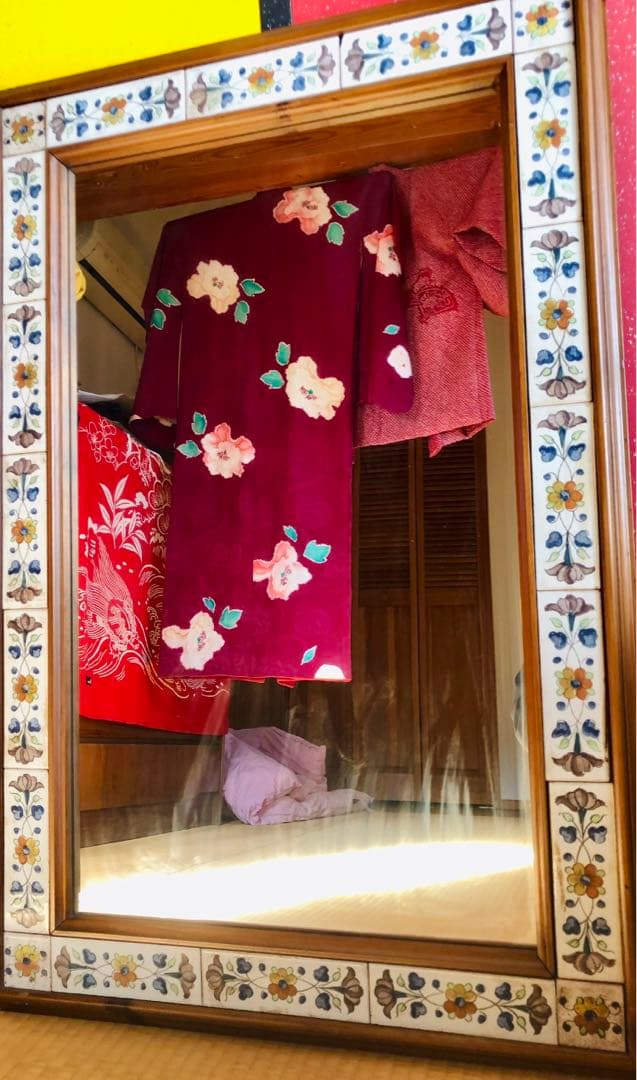 IKEAヴィンテージ西洋タイル張りウッドフレーム・ミラー 大型★  立て掛け鏡